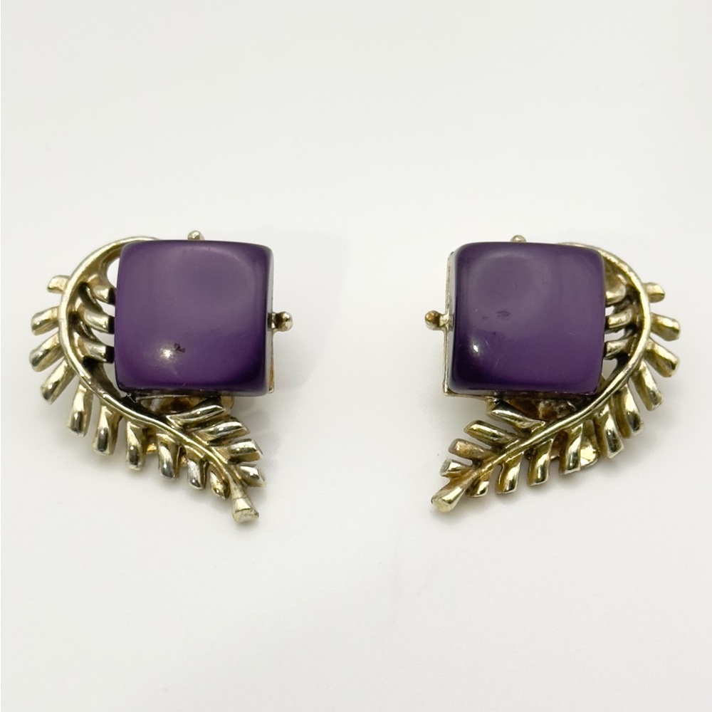 Coro- Vintage Clip-on Earrings- Marked -Purple Moonglow- Silver Tone Leaves
